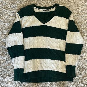 Brandy Melville Striped V-Neck Green/White Sweater